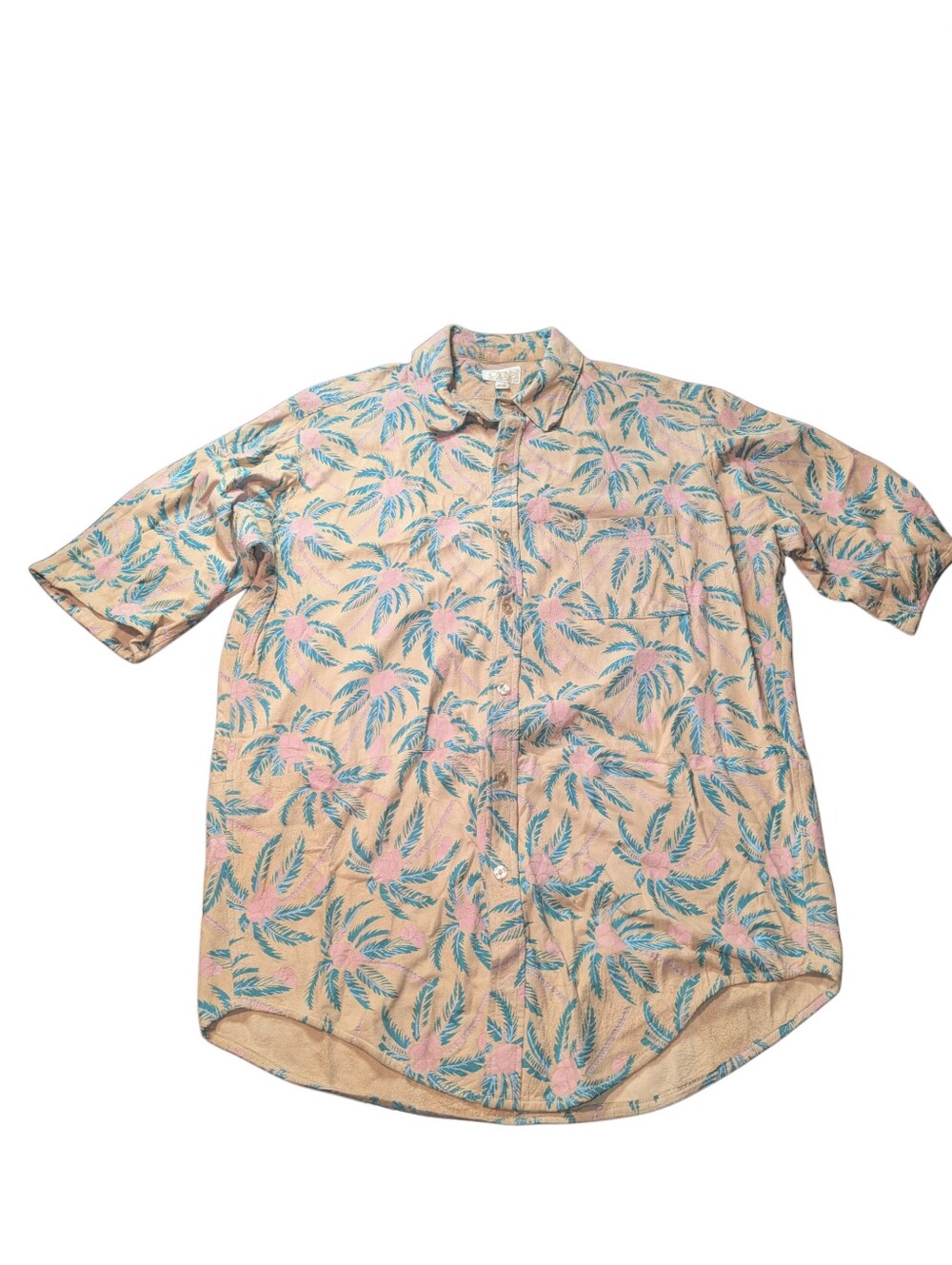 Cache Suede Short-Sleeve Button-Down Shirt with Pink & Teal Palm Print